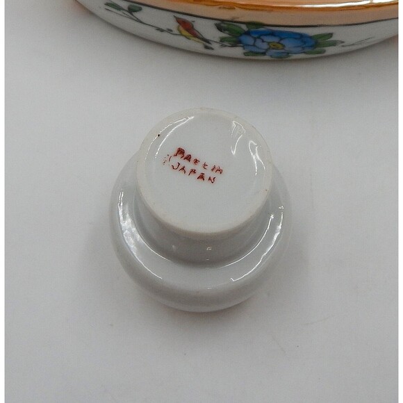 Lustreware Condiment Set Salt Pepper Mustard Jar Boat Peach White Floral Canoe - Picture 7 of 12